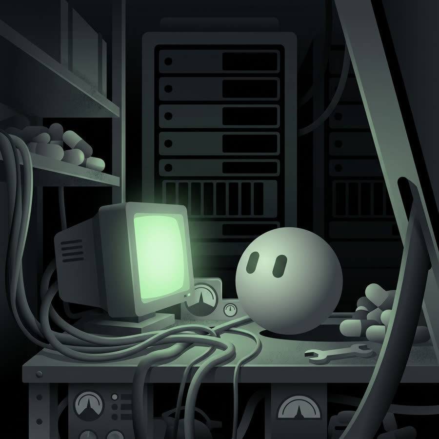 GrokBot on a workbench beside a glowing monitor